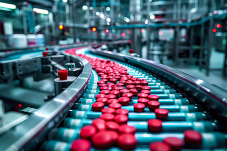 Conveyor belt is filled with red pills. The conveyor belt is moving and the pills are moving with itの素材