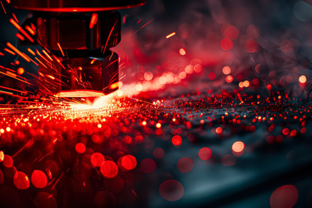 Red and black image of a machine with sparks flying out of it. The image has a mood of danger and excitement, as the sparks are flying out of the machine and creating a sense of movement and energyの素材