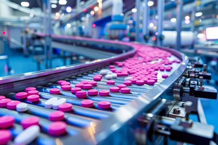 Conveyor belt with pink and white pills on it. The conveyor belt is moving and the pills are being sortedの素材
