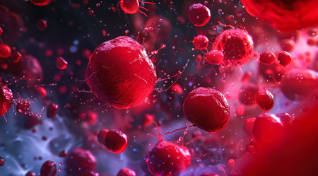 Close up of red blood cells in a blood vessel. Concept of life and vitality, as the red blood cells are the carriers of oxygen and nutrients throughout the bodyの素材