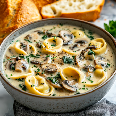 Bowl of mushroom pasta with a side of bread. The bowl is filled with a creamy white sauce and the pasta is covered in mushroomsの素材