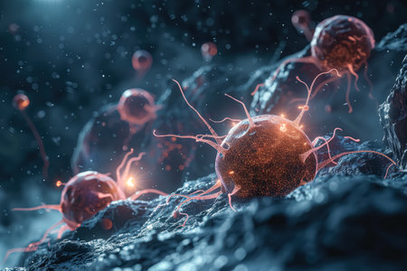 Group of red and orange bacteria are shown in a dark blue background. The bacteria are clustered together and appear to be glowing. Scene is eerie and unsettling, as the bacteria seem to be growingの素材