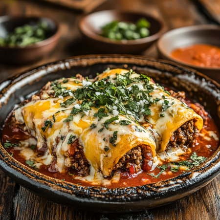 Bowl of food with a lot of cheese and meat. The bowl is black and the food is yellowの素材