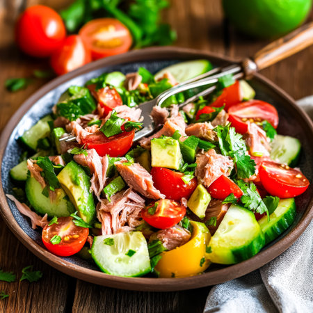 Bowl of salad with tomatoes, cucumbers, and avocado. The salad is served on a wooden tableの素材