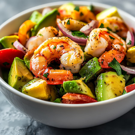 Bowl of shrimp and avocado salad. The shrimp is cooked and the avocado is sliced. The salad is colorful and appetizingの素材