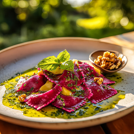 Plate of food with a green garnish and a bowl of nuts. The dish is served on a white plateの素材