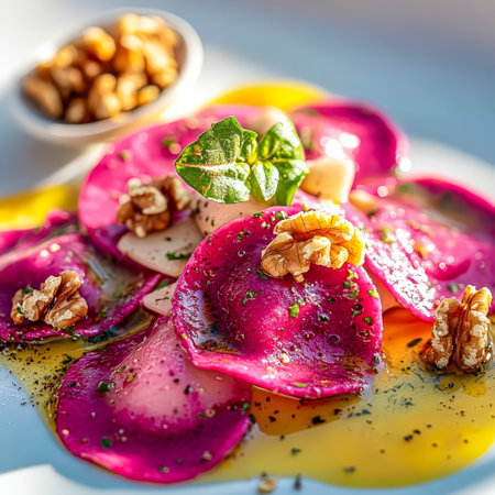 Plate of food with a purple sauce and walnuts on top. The dish looks delicious and appetizingの素材