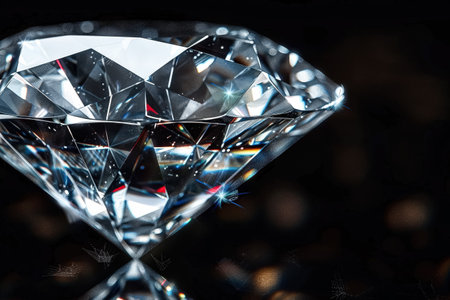 Diamond is shown in a close up. The diamond is clear and shiny, and it is the center of attention in the imageの素材