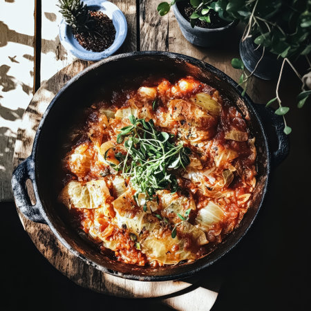 Large pot of food with a green garnish on top. The food is red and has a lot of vegetables in itの素材