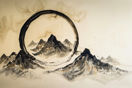 Mountain range with a large circle in the middle. The mountains are covered in snow and the circle is black. The mountains are in the background and the circle is in the foregroundの素材