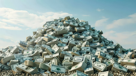 Pile of money is on the ground. The money is in stacks and is worth a lot of moneyの素材