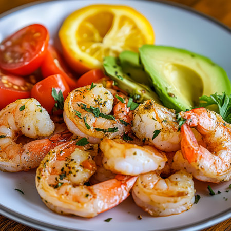 Plate of shrimp, tomatoes, avocado, and lemon. The plate is set on a wooden tableの素材