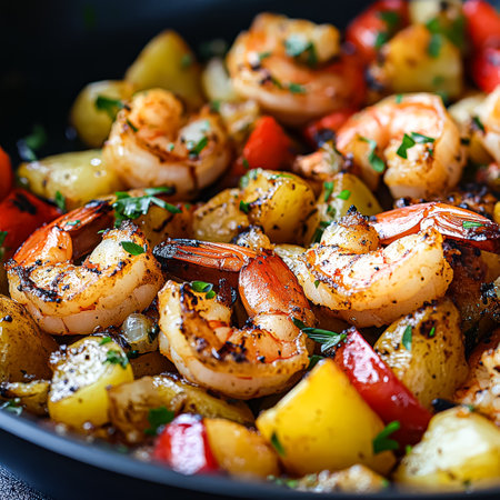 Plate of shrimp and vegetables is served in a black pan. The shrimp is cooked and seasoned, and the vegetables are chopped and mixed in with the shrimp. The dish looks delicious and appetizingの素材