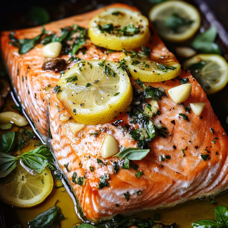 Piece of salmon with lemon slices and parsley on top. The salmon is cooked and looks deliciousの素材