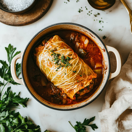 White pot with a cabbage roll in it. The cabbage roll is covered in parsley and is surrounded by a red sauceの素材