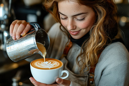 Woman is pouring coffee into a cup. She is smiling and seems to be enjoying the processの素材