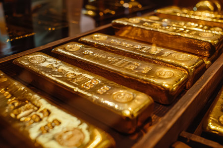 Row of gold bars with Chinese numerals on them. The bars are stacked in a wooden boxの素材