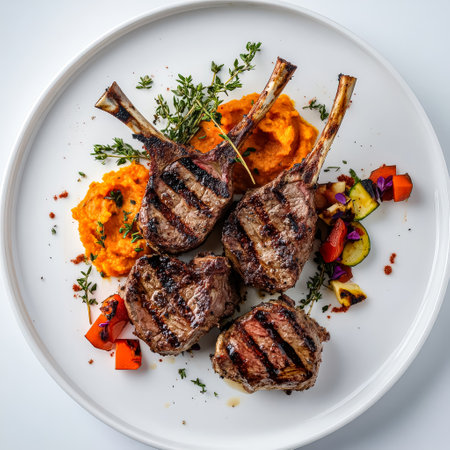 Plate of grilled lamb chops with a side of vegetables and a sauce. The dish is presented on a white plate and looks appetizingの素材