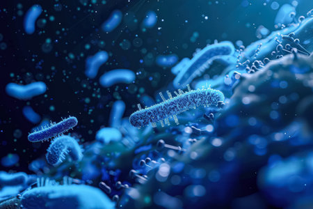 Close up of a blue cell with a blue stem. The cell is surrounded by other blue cellsの素材