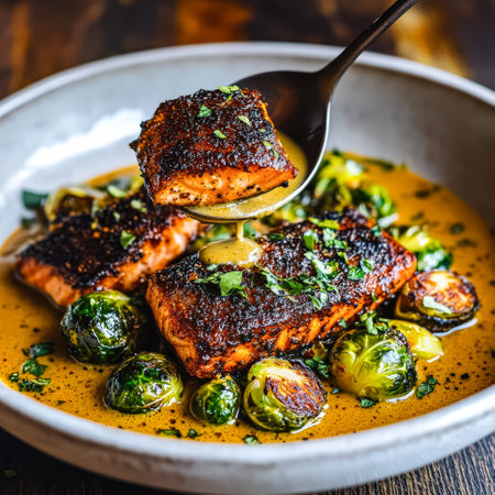 Spoonful of food is being scooped out of a bowl of food. The bowl contains a mix of fish and vegetables, including broccoli. The dish appears to be a healthy and delicious mealの素材