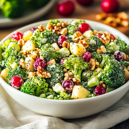 Bowl of salad with broccoli, walnuts, and cranberries. The salad is served on a wooden tableの素材