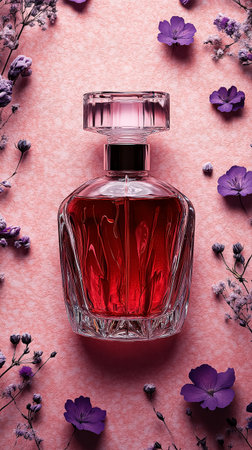 Bottle of perfume is displayed on a pink background with purple flowersの素材