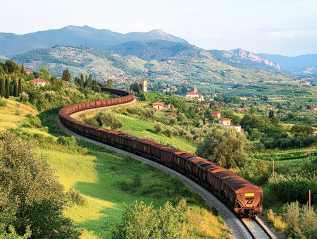 Train is traveling down a track through a lush green countrysideの素材