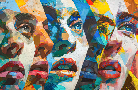 Painting of four faces with different colors and expressionsの素材