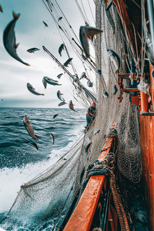 Boat is in the water with a net full of fishの素材
