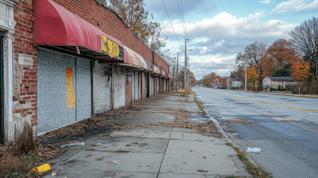 Deserted street with a row of abandoned buildingsの素材
