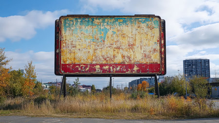 Large billboard with a red and yellow background is sitting in a fieldの素材