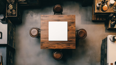 Wooden table with four chairs around it and a white piece of paper on itの素材