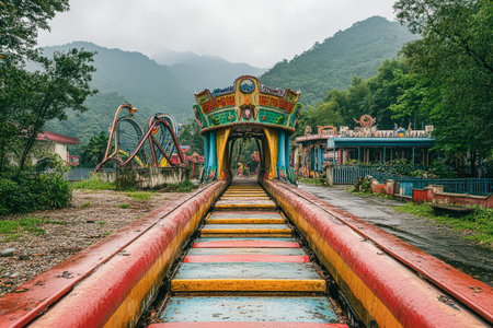 Colorful train track with a yellow, blue, and red sectionの素材