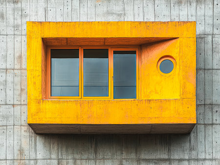 Window with three panes of glass and a yellow frameの素材
