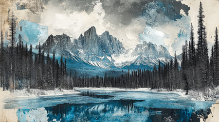 Painting of a mountain range with a lake in the foregroundの素材