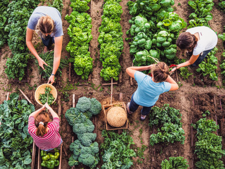 Four women are working in a garden, picking vegetablesの素材