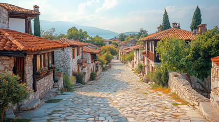 Narrow street with houses on both sidesの素材