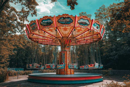 Carousel with a red and blue top and a white backgroundの素材