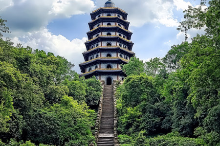 Tall building with a steeple and a large green hill in the backgroundの素材