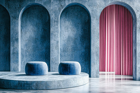 Blue room with two blue ottoman seats and a pink curtainの素材