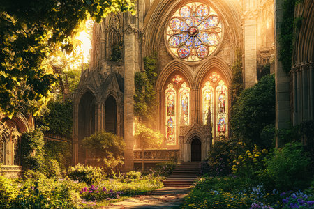 Church with stained glass windows and a large windowの素材