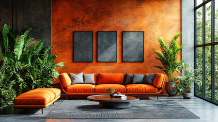 Living room with a large orange couch and a coffee tableの素材