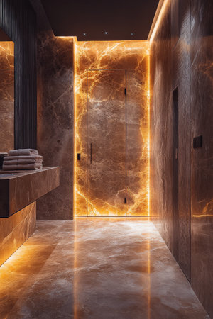 Bathroom with a gold colored door and a mirrorの素材