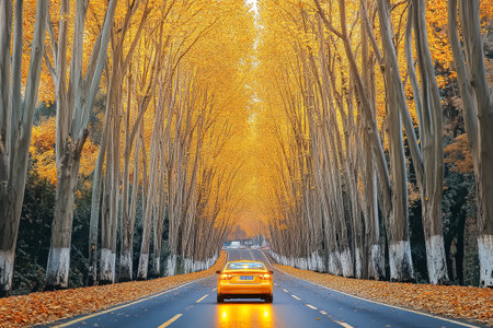 Car is driving down a road with trees on either sideの素材