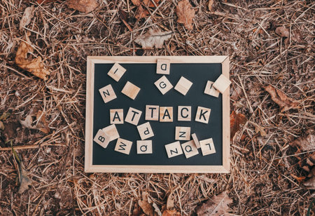 Letter tiles arranged on a chalkboard spell attack, placed on dry grass with scattered leaves, creating a natural outdoor sceneの写真素材