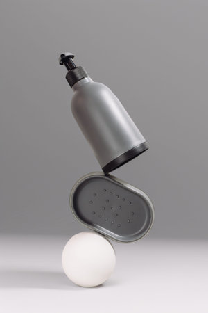 Gray cosmetic bottle with pump and matching container are artistically balanced on a white sphere,...
