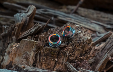 Two colorful earrings are sitting on a log. The earrings are made of metal and have a colorful...
