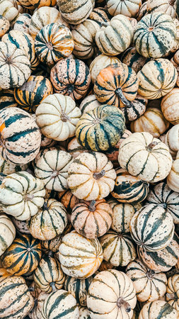 A vibrant collection of decorative pumpkins in diverse shapes and sizes, displaying intricate...