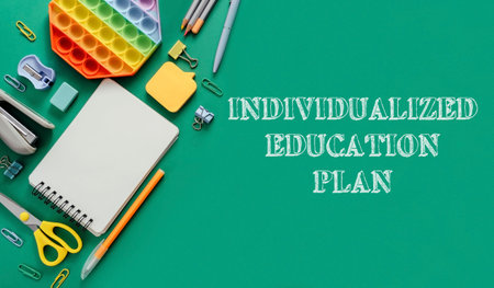 Green background with a notebook, pens, scissors, and a stapler. The words Individualized Education...