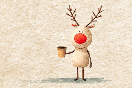 Cute reindeer character holding a warm drink in a cozy winter setting for holiday cheerの素材